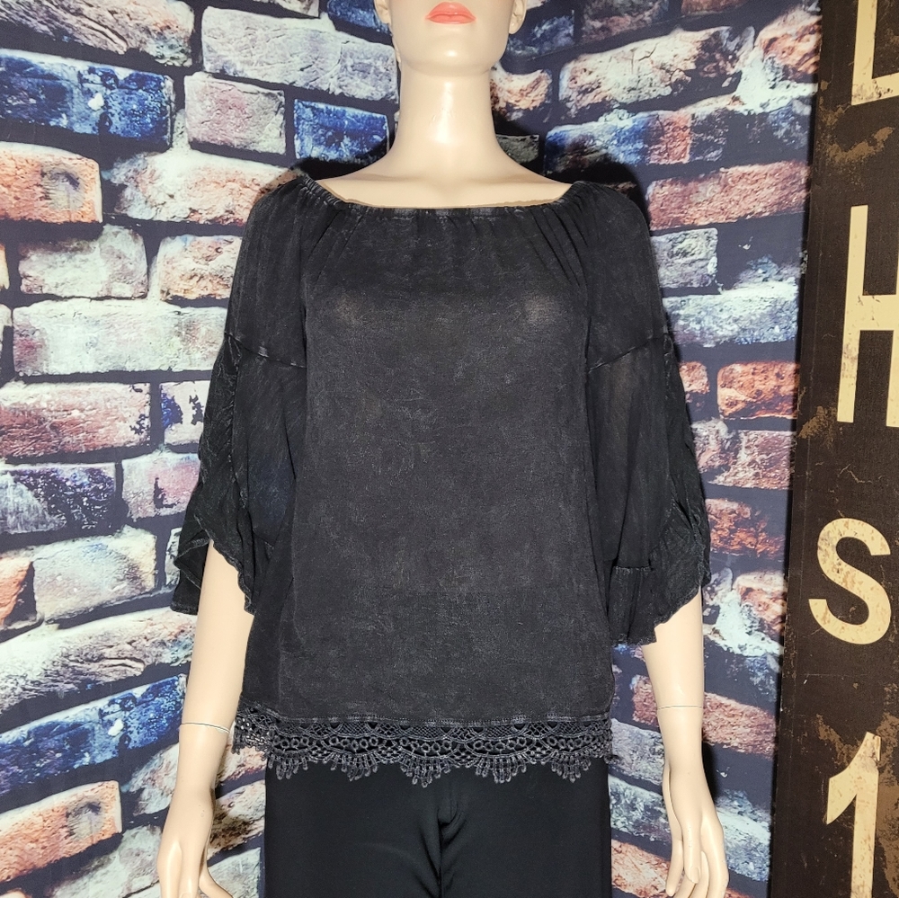 Altar'd State Boho Acid-Washed Bell Sleeve Crochet/Lace Off-The-Shoulder Top